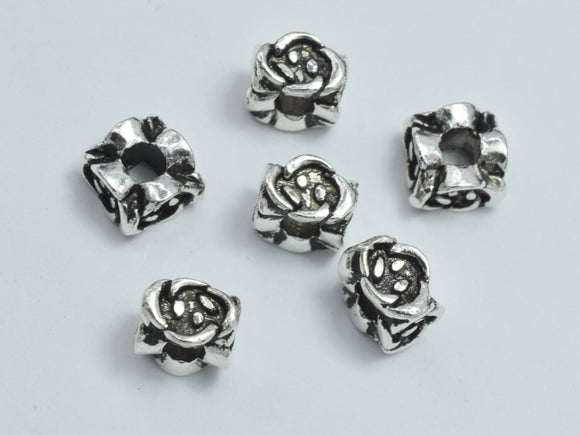 4pcs 925 Sterling Silver Beads-Antique Silver, 5.5x5.5mm, Square Beads, Flower Beads, Rose Beads-BeadBasic