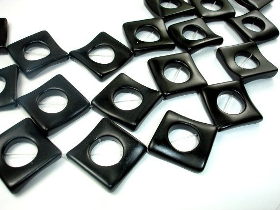 Matte Black Stone Beads, 23 x 23 mm Wavy Square Donut Ring Beads-BeadBasic