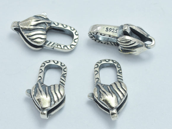 1pc 925 Sterling Silver Lobster Claw Clasp-Antique Silver, Heart Clasp, 14x8mm-BeadBasic