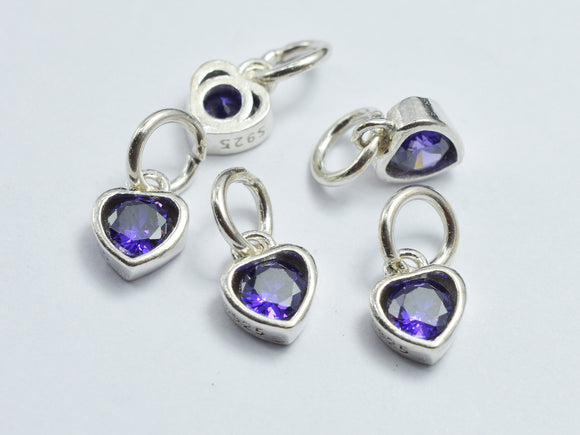 2pcs 925 Sterling Silver Violet Cubic Zirconia Heart Charm, 5.8x7.5mm-BeadBasic