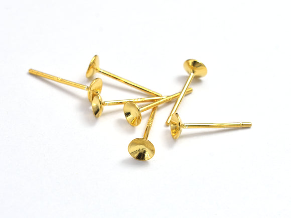10pcs (5pairs) 24K Gold Vermeil Earring Cup Stud Posts, 925 Sterling Silver Stud Posts, 4mm Cup, 12mm Long 08028)-BeadBasic