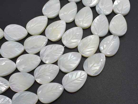 Mother of Pearl, MOP, White, 13x18mm Carved Leaf-BeadBasic