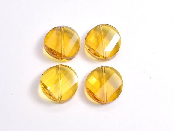 Crystal Glass 18mm Twisted Faceted Coin Beads, Yellow, 4pieces-BeadBasic