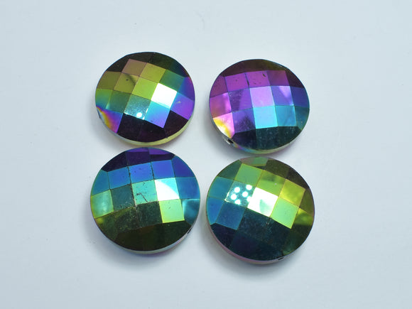 Crystal Glass 30mm Faceted Coin Beads, Peacock Coated, 2pieces-BeadBasic