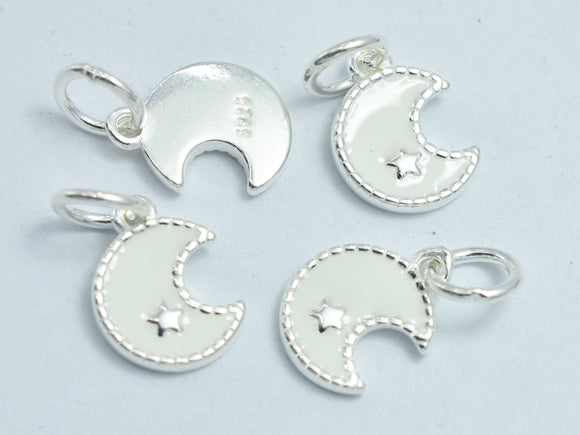 2pcs 925 Sterling Silver Charm-Enamel White Moon Charm, Moon Pendant, 9mm-BeadBasic