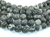 Black Fossil Jasper Beads, 14mm Round Beads, 15.5 Inch