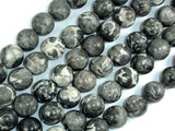 Black Fossil Jasper Beads, 14mm Round Beads, 15.5 Inch