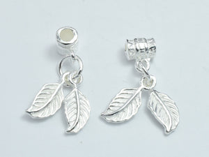 1pc 925 Sterling Silver Charm, Leaf 5.8x13mm, Tube Bail Bead 4.6x6.2mm-BeadBasic