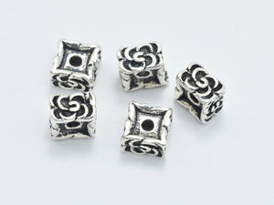 2pcs 925 Sterling Silver Beads-Antique Silver, 6x6mm Square Beads, Flower Beads-BeadBasic