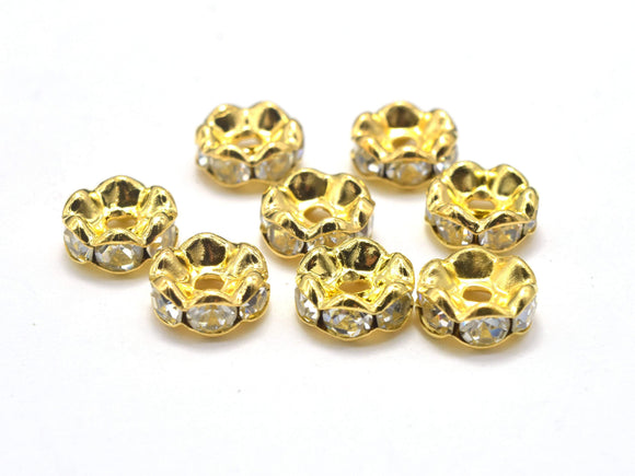 Rhinestone, 8mm, Finding Spacer Round, Clear, Gold plated Brass, 30 pieces-BeadBasic