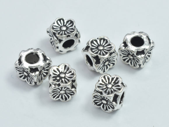 4pcs 925 Sterling Silver Beads-Antique Silver, 4.7x4.7mm Cube Beads, Flower Beads-BeadBasic