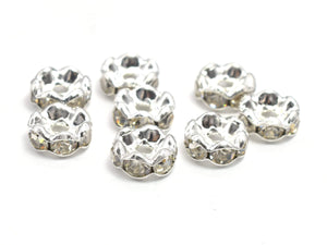 Rhinestone, 8mm, Finding Spacer Round, Clear, Silver plated Brass, 30 pieces-BeadBasic