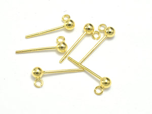 10pcs (5pairs) 24K Gold Vermeil Ball Earring Stud Posts, 925 Sterling Silver, with Open Loop, 14mm-BeadBasic