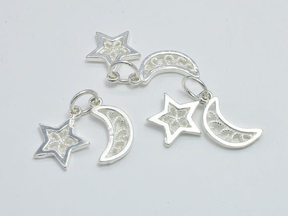 2sets 925 Sterling Silver Charms, Moon and Star Charms, Moon 11x6.8mm, Star 10mm-BeadBasic