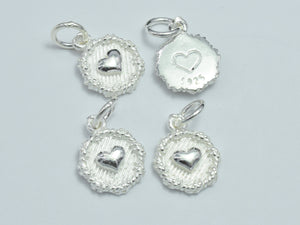 2pcs 925 Sterling Silver Charms, Heart Charms, 10.8mm Coin-BeadBasic