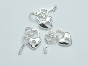2sets 925 Sterling Silver Charms, Key and Heart Lock Charms, Heart 8x11mm, Key 15x5mm-BeadBasic