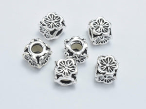 2pcs 925 Sterling Silver Beads-Antique Silver, 5.8x5.8mm Cube Beads, Flower Beads-BeadBasic
