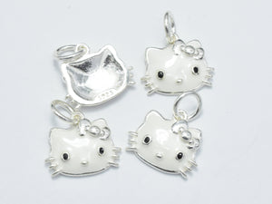 1pcs 925 Sterling Silver Charm-Enamel White Kitty Charm, Kitty Pendant-BeadBasic