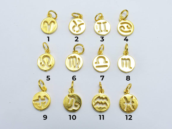 1pcs 24K Gold Vermeil Astrology Sign Charms, 925 Sterling Silver Charms, 9.2mm Coin Charms-BeadBasic