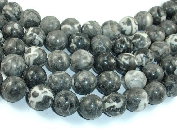 Black Fossil Jasper Beads, 14mm Round Beads, 15.5 Inch-BeadBasic