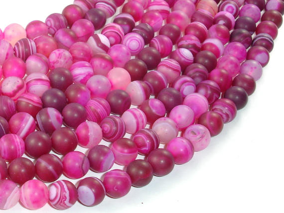 Matte Banded Agate Beads, Fuchsia Agate, 8mm Round Beads-BeadBasic