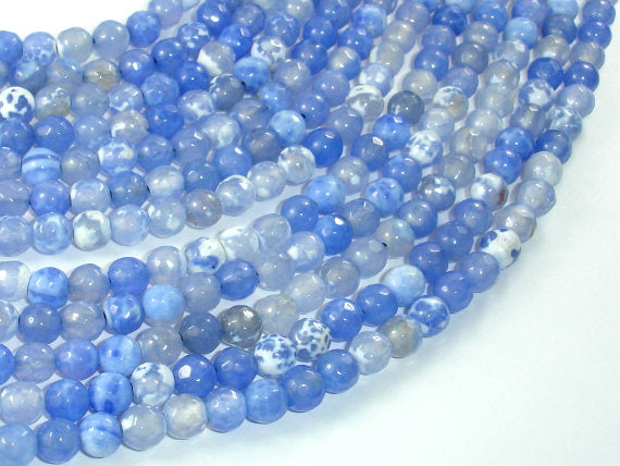 Fire Agate Beads, Blue & White, 6mm Faceted Round Beads-BeadBasic