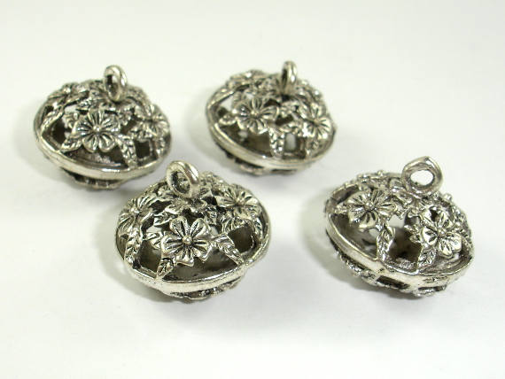 Metal Charms, Hollow Metal Pendant, Zinc Alloy, Antique Silver Tone, 2pcs-BeadBasic