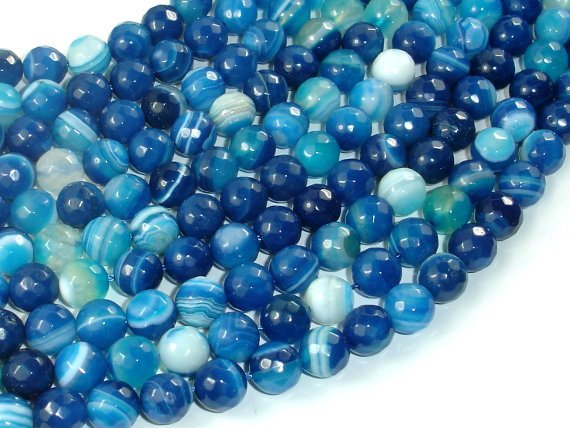 Banded Agate Beads, Striped Agate, Blue, 8mm Faceted Round Beads-BeadBasic