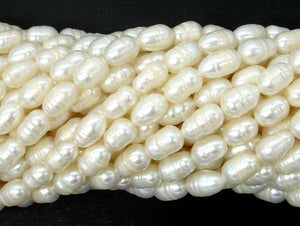 Fresh Water Pearl Beads, Rice, White, 6x(8-9)mm-BeadBasic
