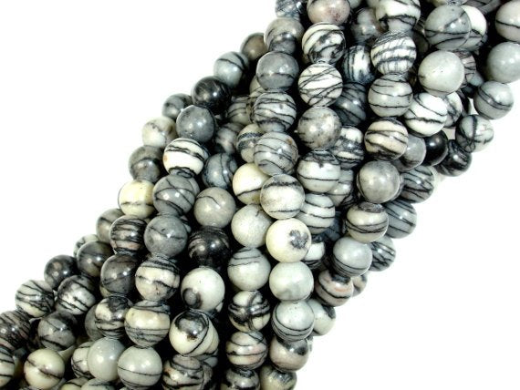 Black Line Jasper Beads, Silk Stone, Spider Web Jasper, Round, 6mm-BeadBasic