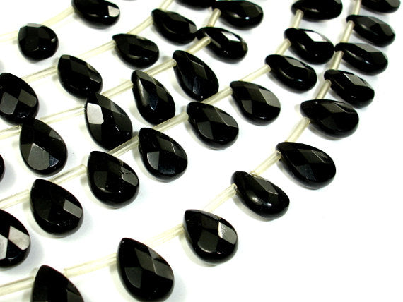Black Glass Beads, 8x12mm Briolette Beads, Faceted Pear Beads-BeadBasic