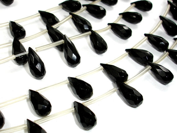 Black Glass Beads, 6mm x 13mm Faceted Teardrop Beads-BeadBasic